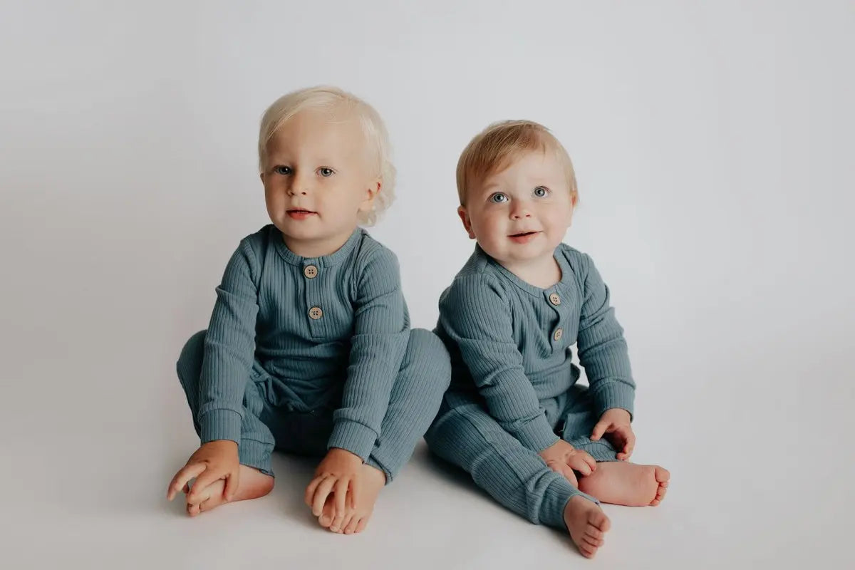 Three Little Tots Storm Blue Baby Ribbed Playsuit with pockets - 