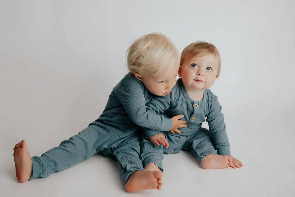 Three Little Tots Storm Blue Baby Ribbed Playsuit with pockets - 