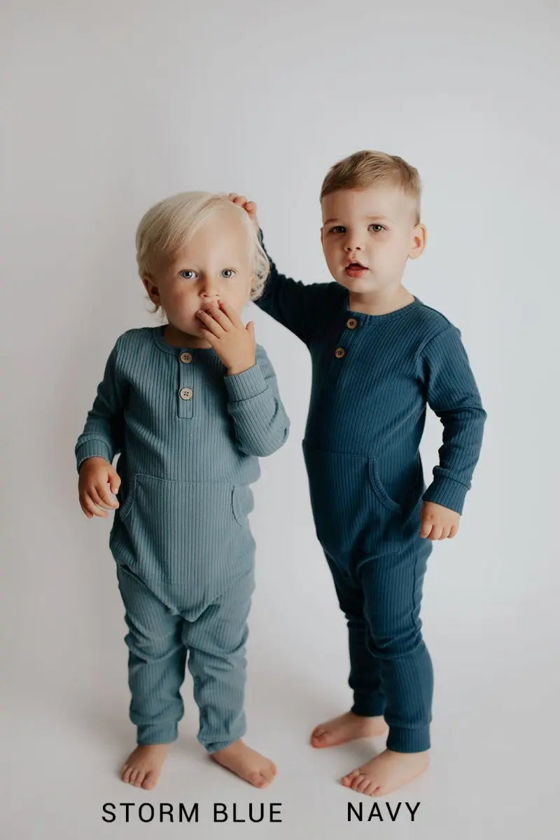 Three Little Tots Storm Blue Baby Ribbed Playsuit with pockets - 