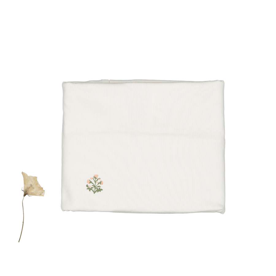 Large square baby blanket in pink with an embroidered-look Zara print, laid out flat