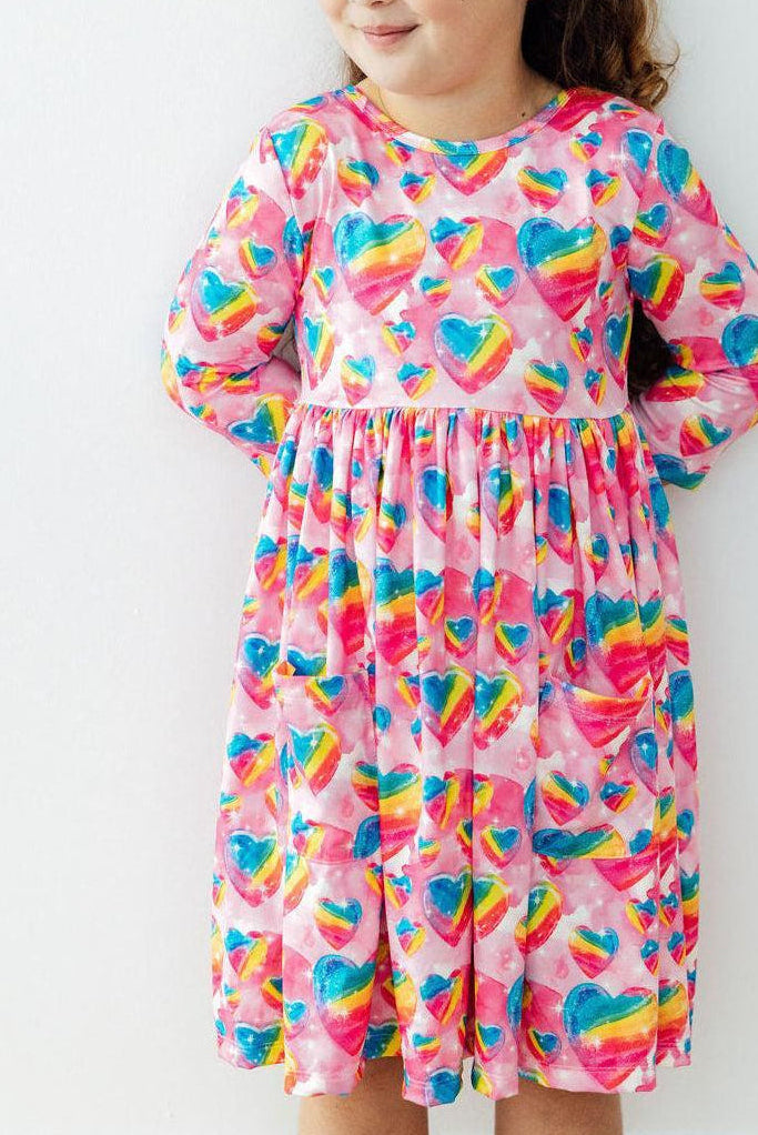 Sugar & Spice twirl dress with 3/4 sleeves, side pockets, and a full skirt for twirling