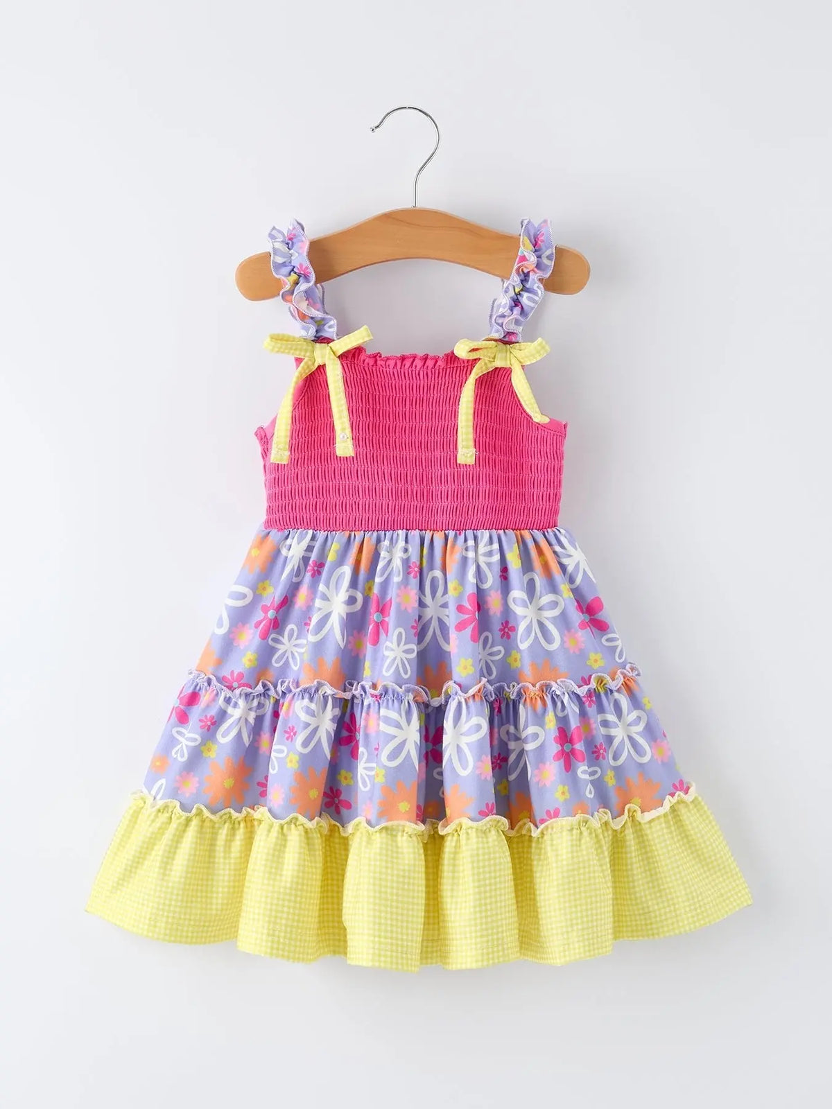Rylee Faith Designs Summer Floral Girls Bow Ruffle Smocked Dress - 