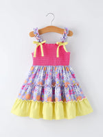 Rylee Faith Designs Summer Floral Girls Bow Ruffle Smocked Dress - 