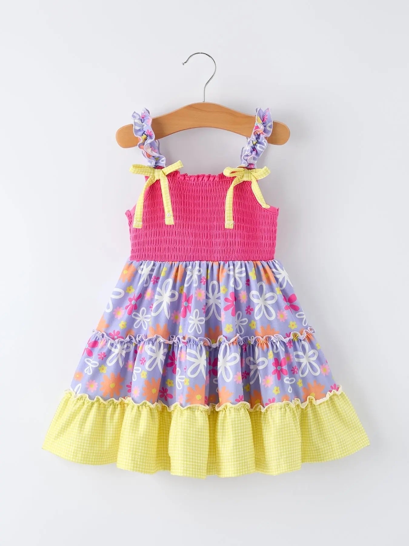 Rylee Faith Designs Summer Floral Girls Bow Ruffle Smocked Dress - 