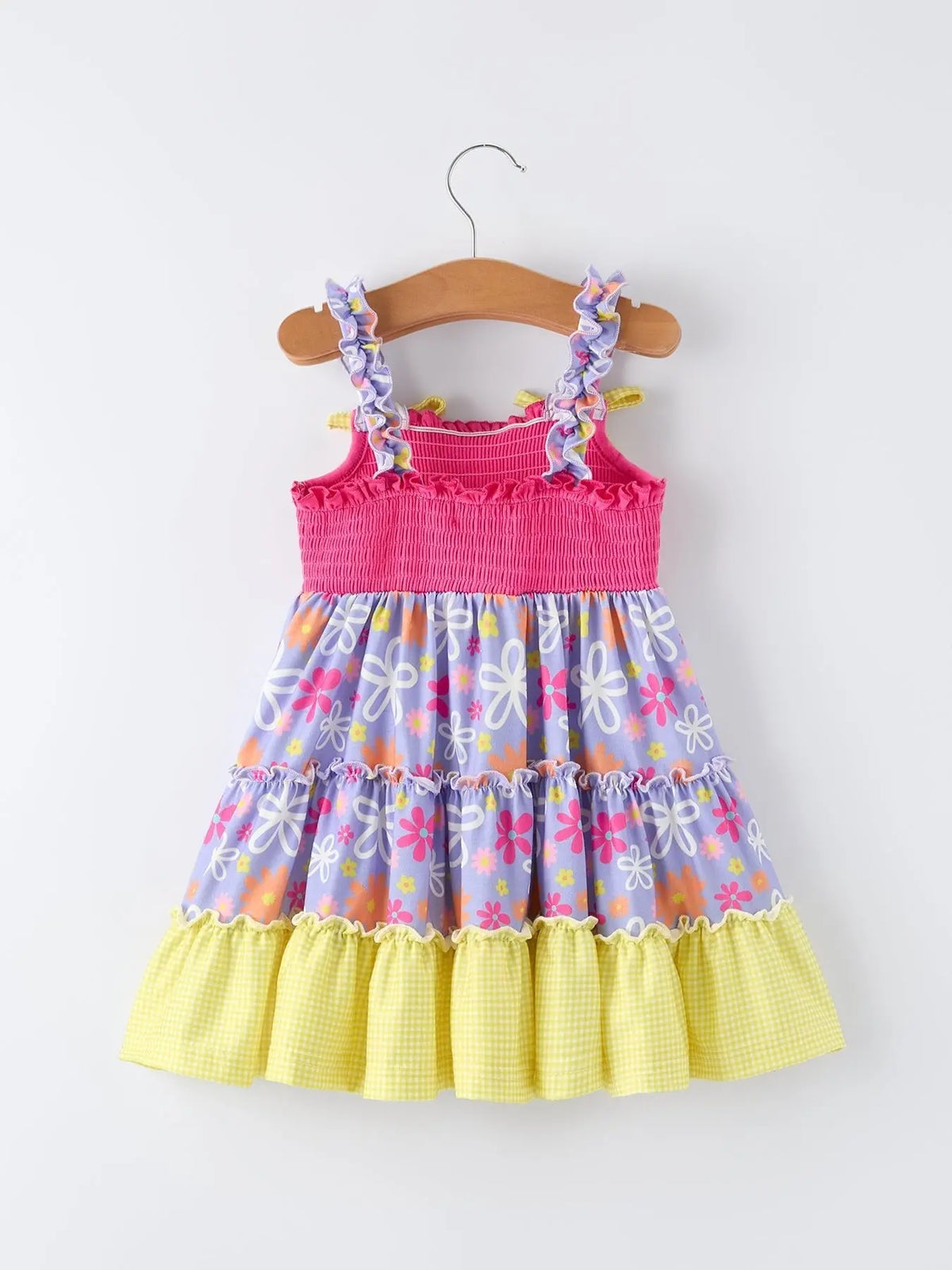 Rylee Faith Designs Summer Floral Girls Bow Ruffle Smocked Dress - 