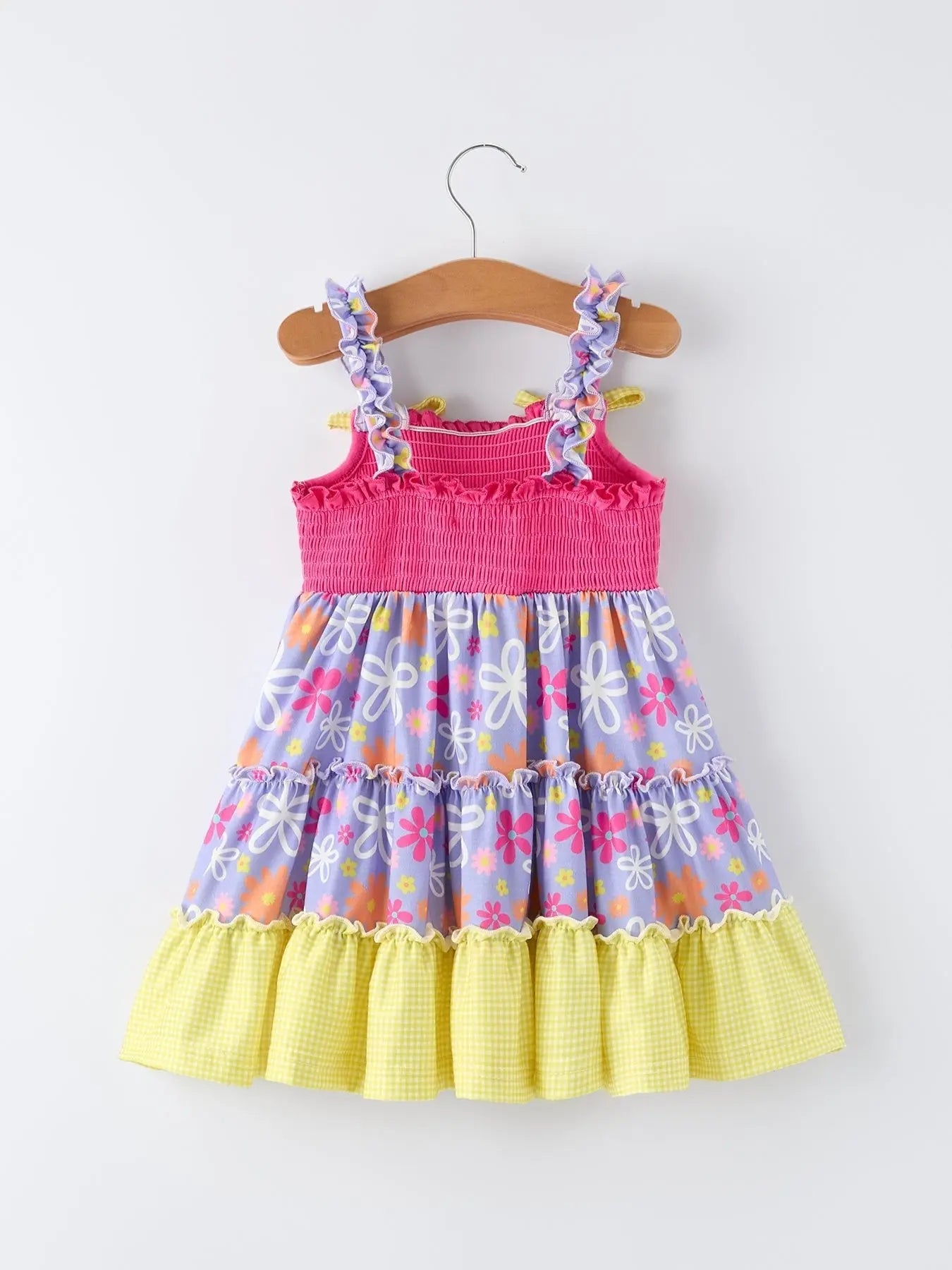 Rylee Faith Designs Summer Floral Girls Bow Ruffle Smocked Dress - 
