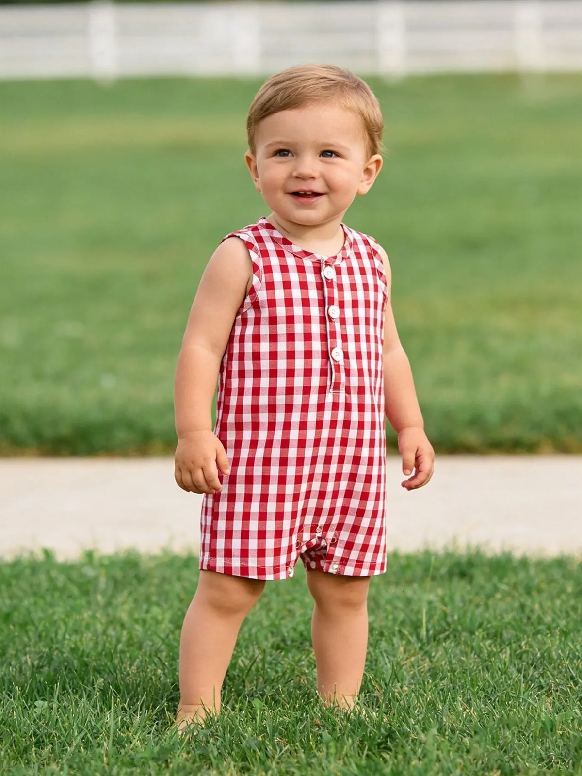 Rylee Faith Designs Summer Plaid Smocked Ruffle Boys Romper Sibling Outfits - 