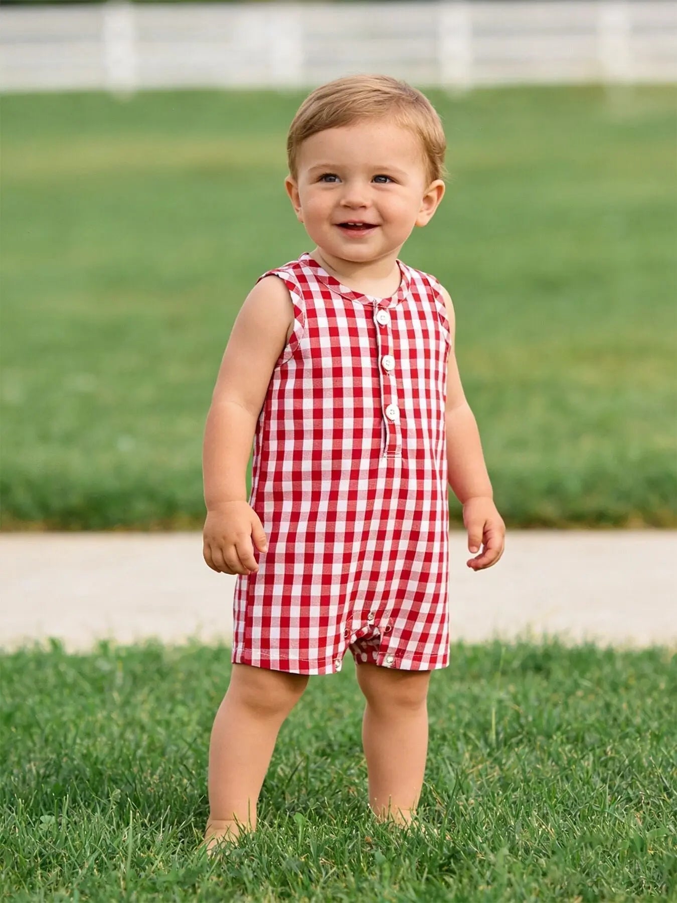 Rylee Faith Designs Summer Plaid Smocked Ruffle Boys Romper Sibling Outfits - 