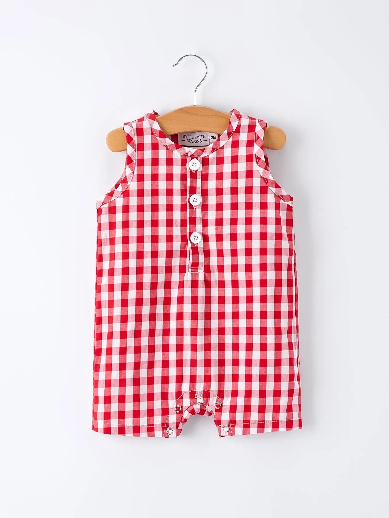 Rylee Faith Designs Summer Plaid Smocked Ruffle Boys Romper Sibling Outfits - 