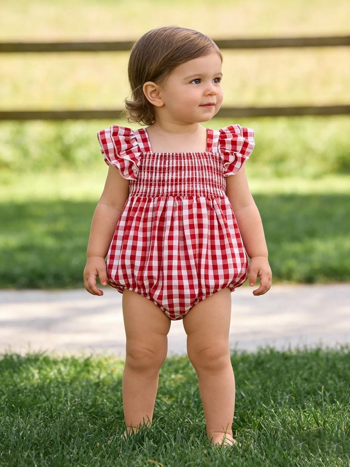 Rylee Faith Designs Summer Plaid Smocked Ruffle Girl Romper Sibling Outfits - 
