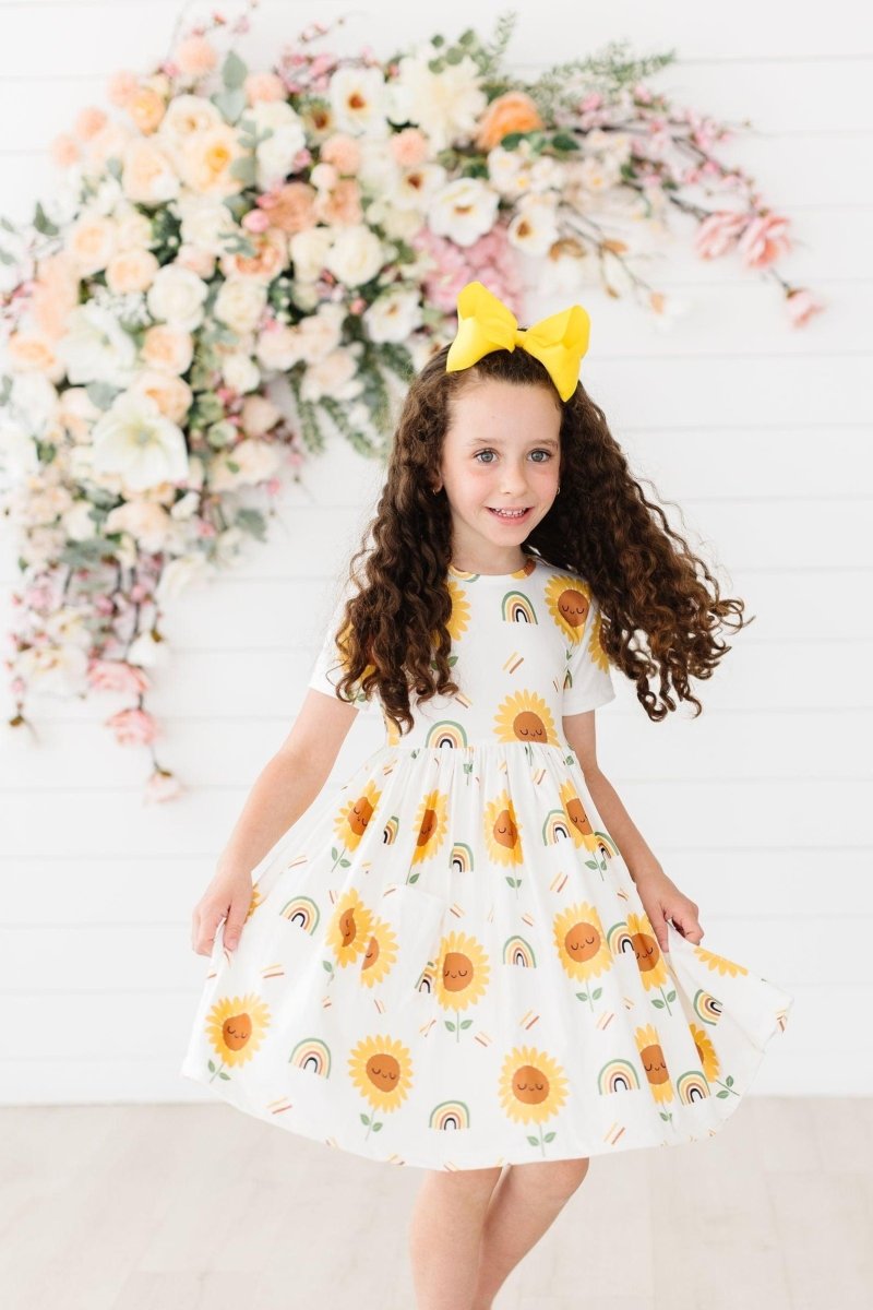 Sunflower Short Sleeve Pocket Twirl Dress For Girls - Everetts Place Boutique - 
