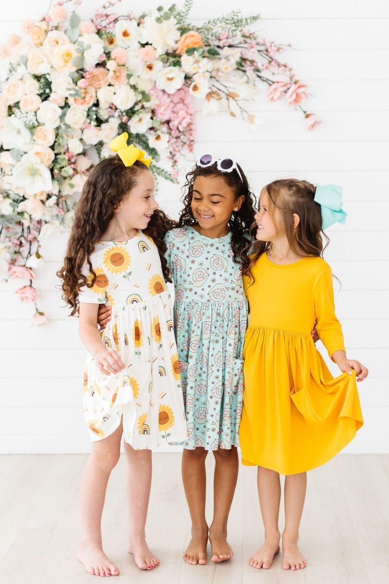 Sunflower Short Sleeve Pocket Twirl Dress For Girls - Everetts Place Boutique - 