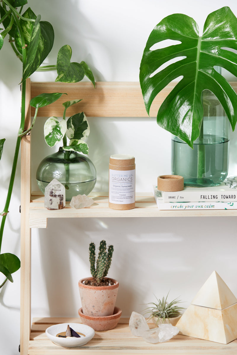Natural organic sunscreen with non-nano zinc oxide on wooden shelf with plants and decor.