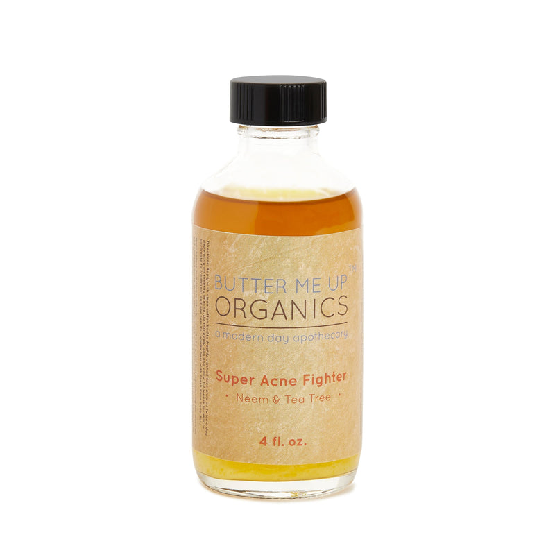 Organic Super Acne Fighter serum in recyclable glass bottle, natural acne and scar treatment.
