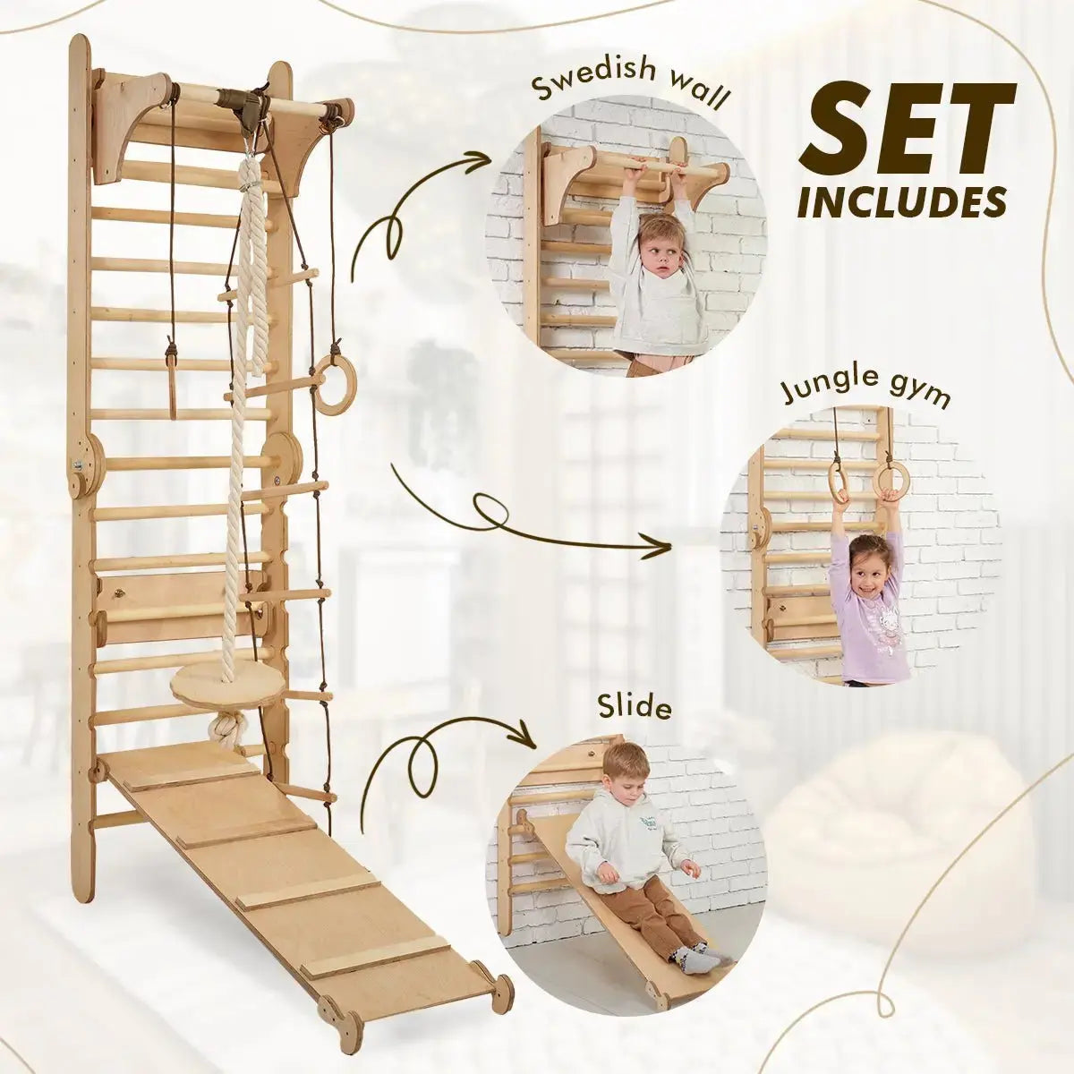Swedish Ladder Set With Swing Gym 3 In 1 Slide Board And Triangle Ladder Goodevas Everetts Place: Online Boutique