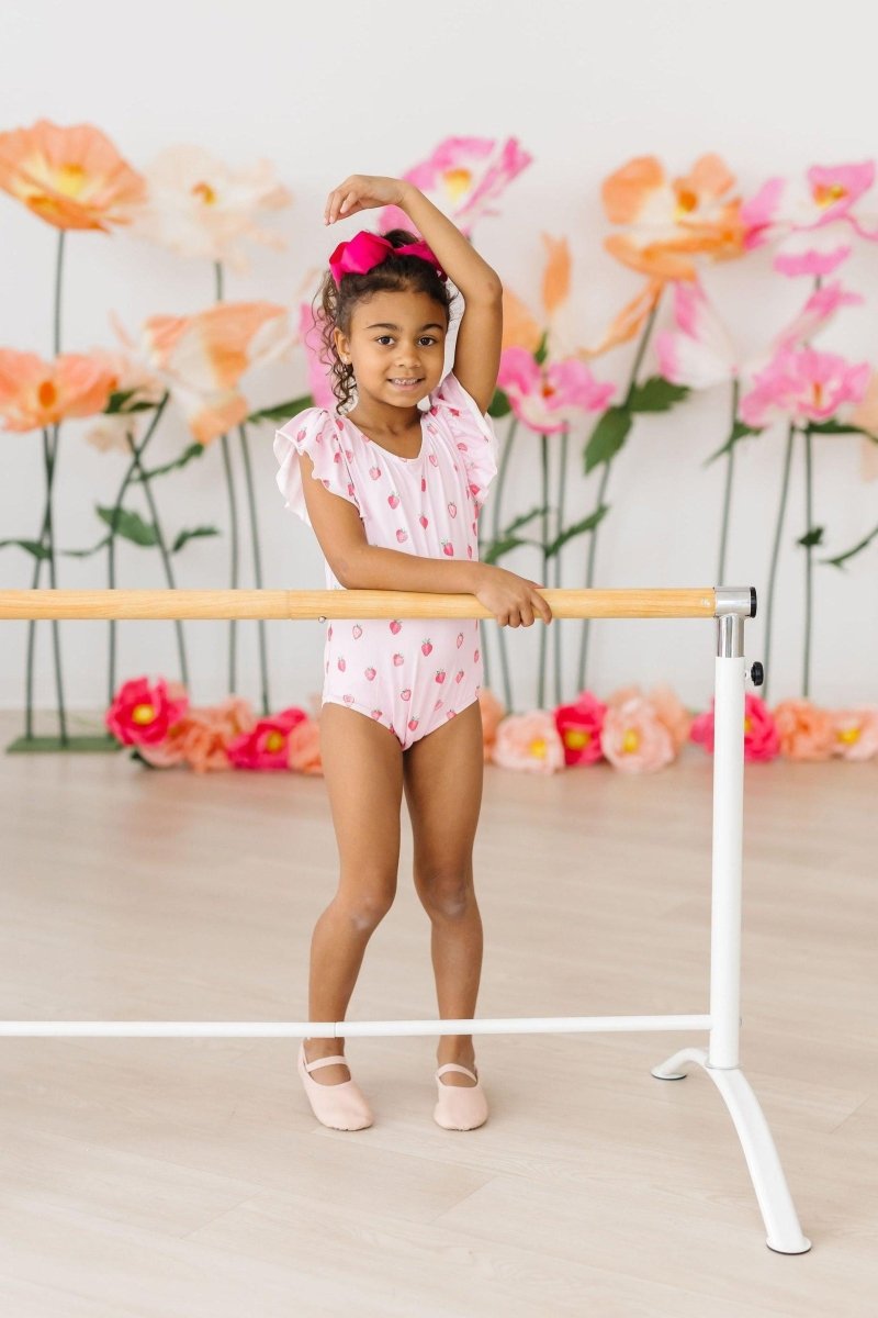 Sweet Strawberries Flutter Sleeve Leotard For Girls - Everetts Place Boutique - Flutter Leotard S/S