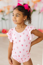 Sweet Strawberries Flutter Sleeve Leotard For Girls - Everetts Place Boutique - Flutter Leotard S/S
