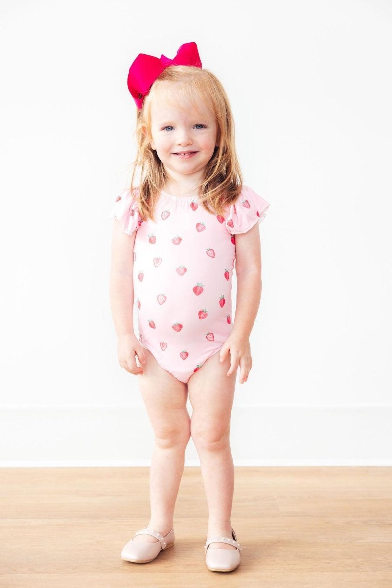 Sweet Strawberries Flutter Sleeve Leotard For Girls - Everetts Place Boutique - Flutter Leotard S/S
