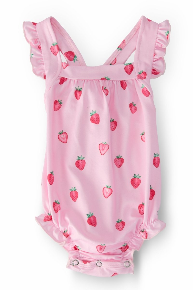 Sweet Strawberries Ruffle Cross Back Romper For Summer - Everetts Place Boutique - Ruffle Cross Back Romper