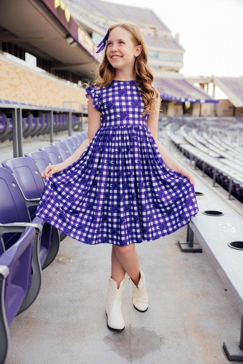 TCU Plaid Frog Flutter Twirl Dress for Girls Spirit Wear - Everetts Place Boutique - 