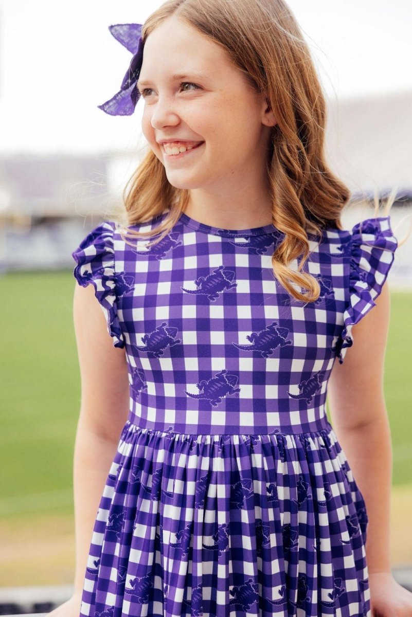 TCU Plaid Frog Flutter Twirl Dress for Girls Spirit Wear - Everetts Place Boutique - 