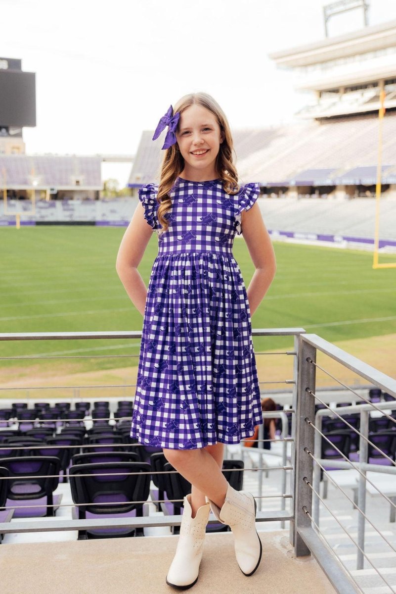 TCU Plaid Frog Flutter Twirl Dress for Girls Spirit Wear - Everetts Place Boutique - 