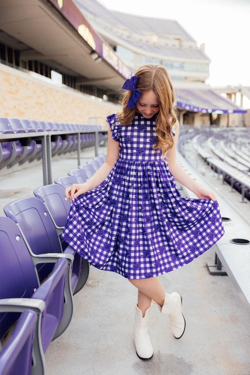 TCU Plaid Frog Flutter Twirl Dress for Girls Spirit Wear - Everetts Place Boutique - 