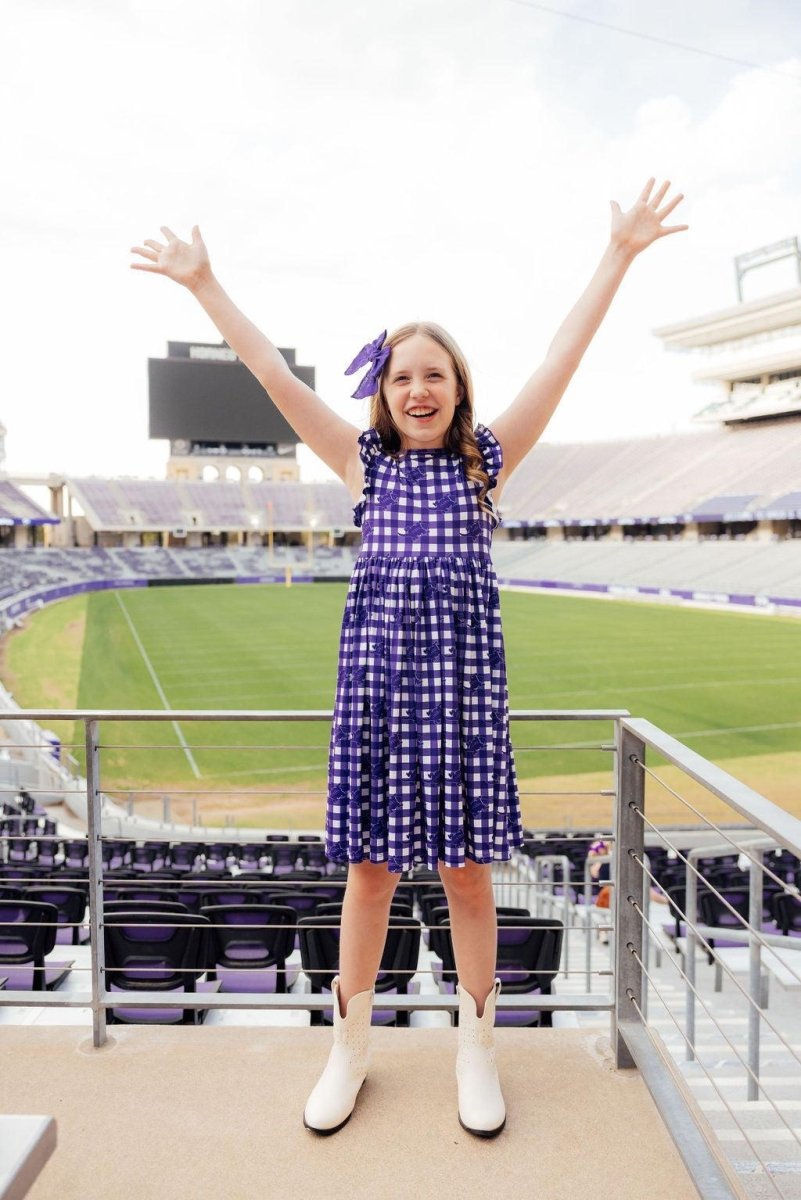 TCU Plaid Frog Flutter Twirl Dress for Girls Spirit Wear - Everetts Place Boutique - 