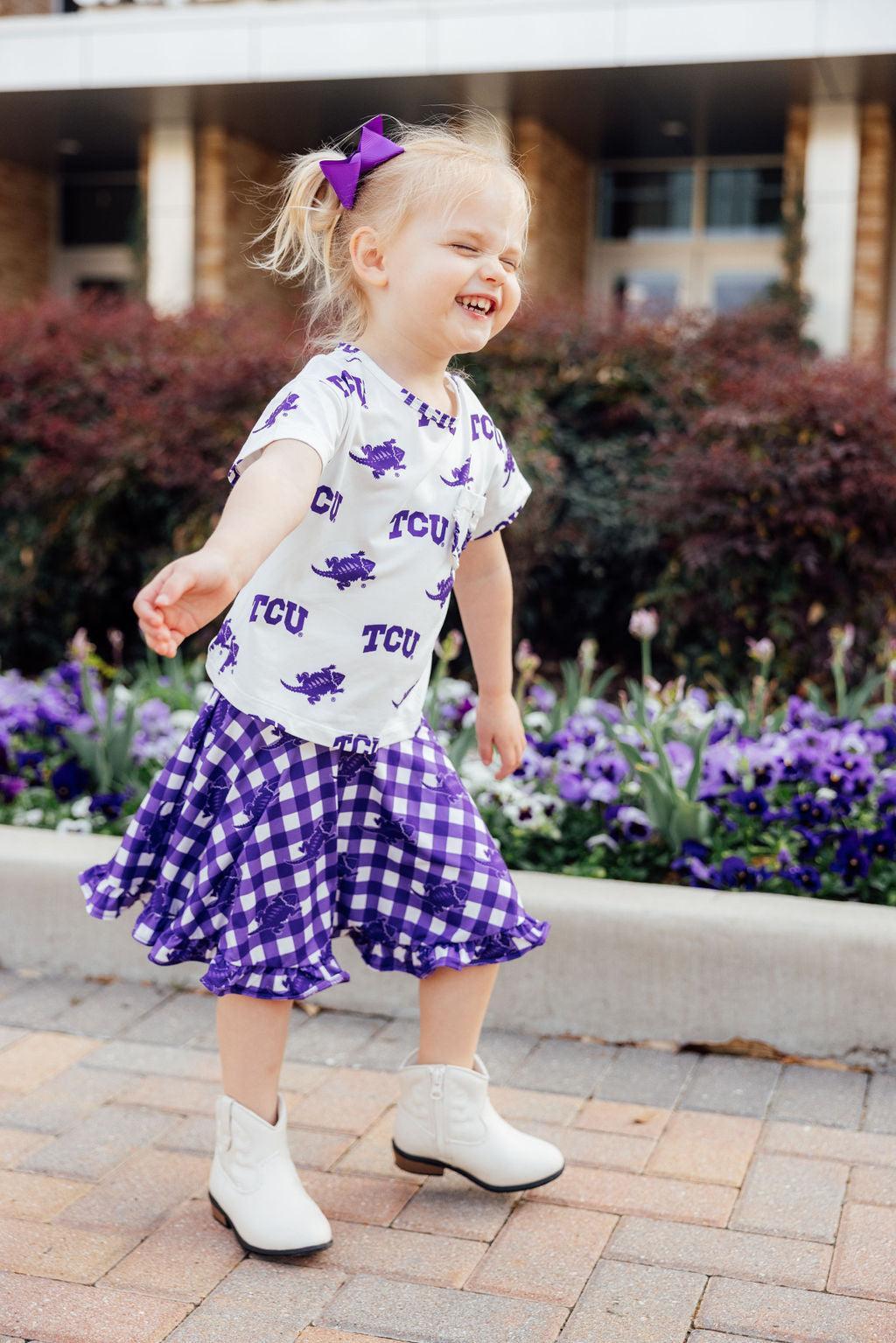 TCU Plaid Frog Ruffle Twirl Skort for Girls Apparel Mila & Rose ® Everetts Place: Online Boutique