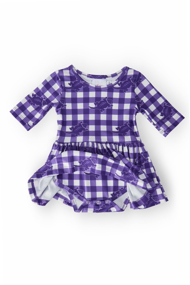 TCU Plaid Frog Three Quarter Sleeve Twirl Bodysuit Outfit - Everetts Place Boutique - 