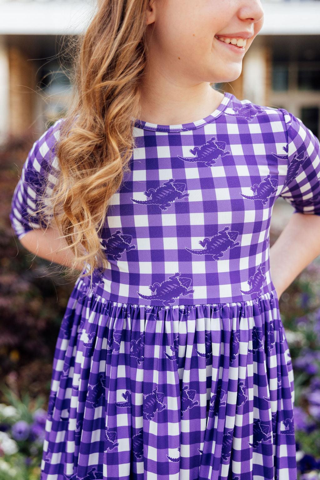 TCU Plaid Frog Twirl Dress With Pocket Three Quarter Sleeve Mila & Rose ® Everetts Place: Online Boutique