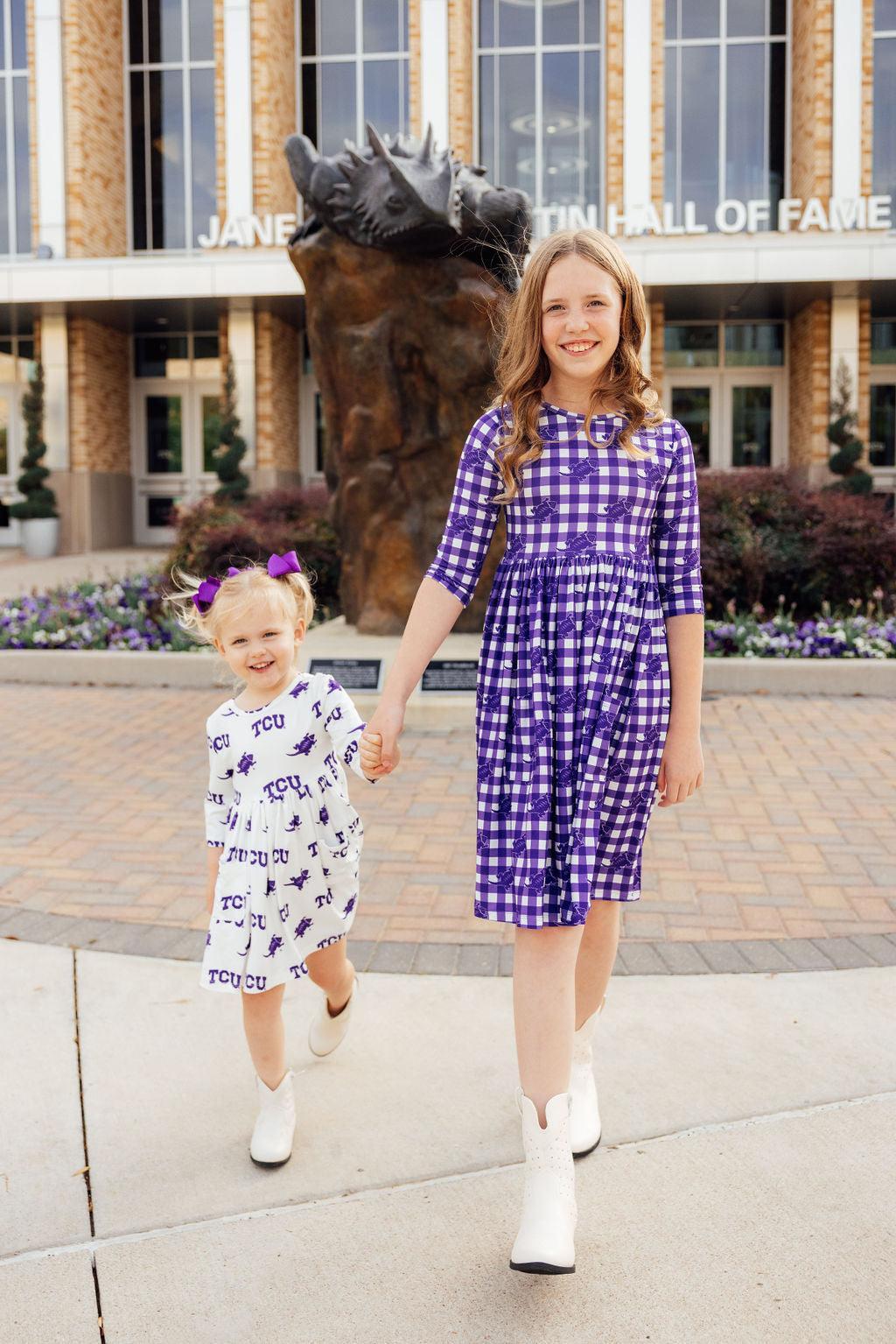 TCU Plaid Frog Twirl Dress With Pocket Three Quarter Sleeve Mila & Rose ® Everetts Place: Online Boutique