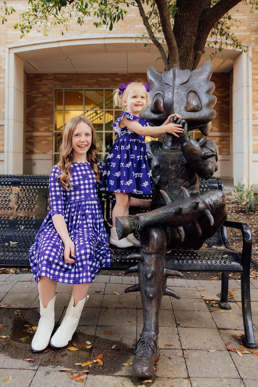 TCU Plaid Frog Twirl Dress With Pocket Three Quarter Sleeve Mila & Rose ® Everetts Place: Online Boutique