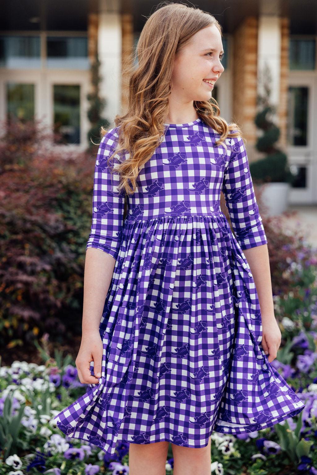 TCU Plaid Frog Twirl Dress With Pocket Three Quarter Sleeve Mila & Rose ® Everetts Place: Online Boutique