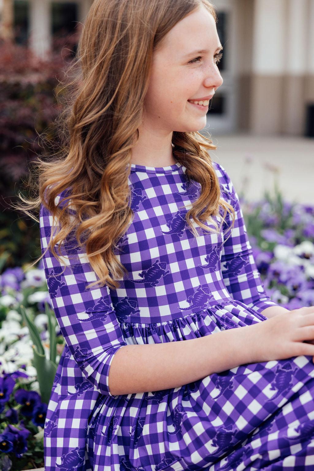 TCU Plaid Frog Twirl Dress With Pocket Three Quarter Sleeve Mila & Rose ® Everetts Place: Online Boutique