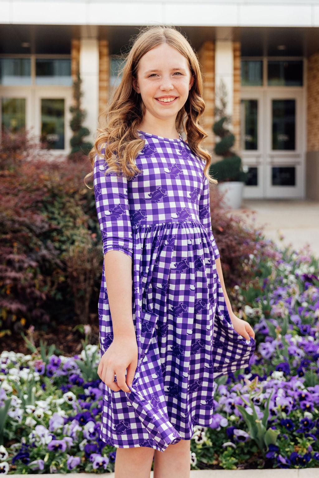 TCU Plaid Frog Twirl Dress With Pocket Three Quarter Sleeve Mila & Rose ® Everetts Place: Online Boutique