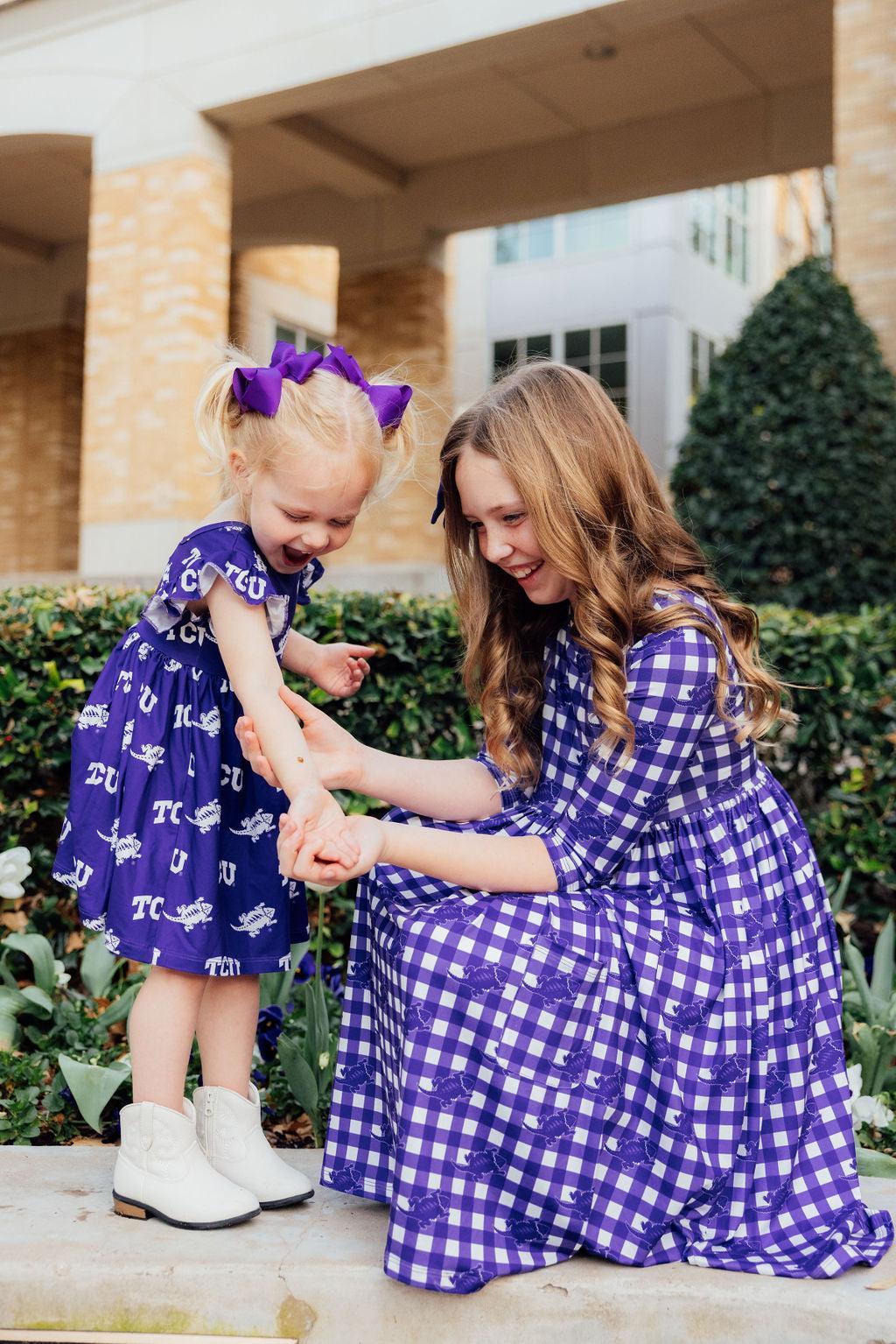TCU Plaid Frog Twirl Dress With Pocket Three Quarter Sleeve Mila & Rose ® Everetts Place: Online Boutique