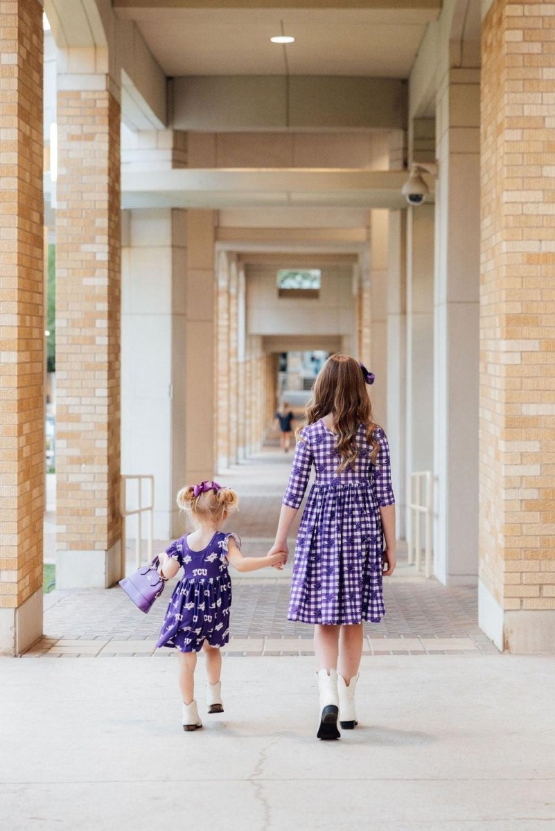 TCU Purple Frog Flutter Twirl Dress for Girls Game Day - Everetts Place Boutique - Twirl Dress Flutter