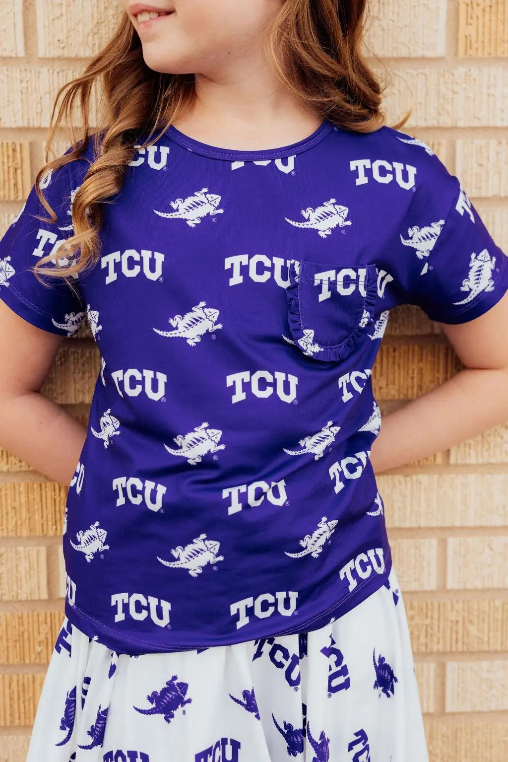 TCU Purple Frog Ruffle Pocket Tee for Girls Outfit Game Day Mila & Rose ® Everetts Place: Online Boutique