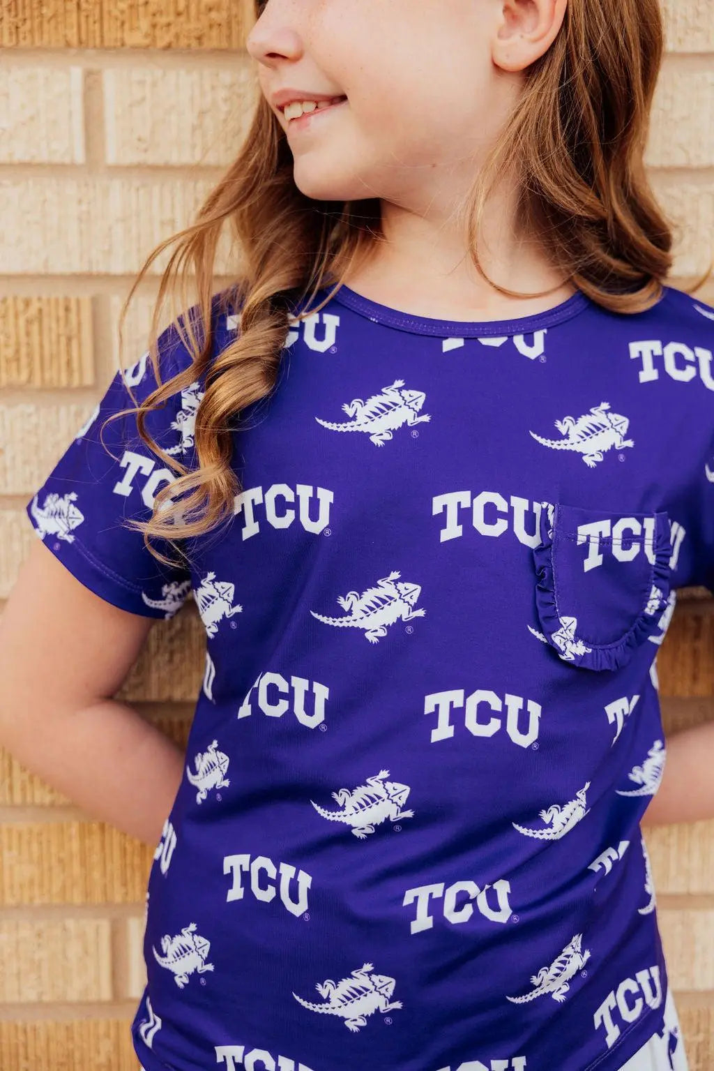 TCU Purple Frog Ruffle Pocket Tee for Girls Outfit Game Day Mila & Rose ® Everetts Place: Online Boutique