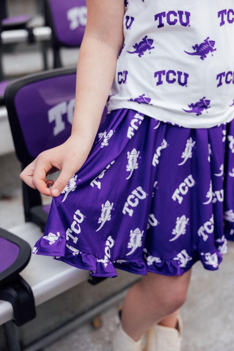 TCU Purple Frog Ruffle Twirl Skort for Girls Mila and Rose - Everetts Place Boutique - 