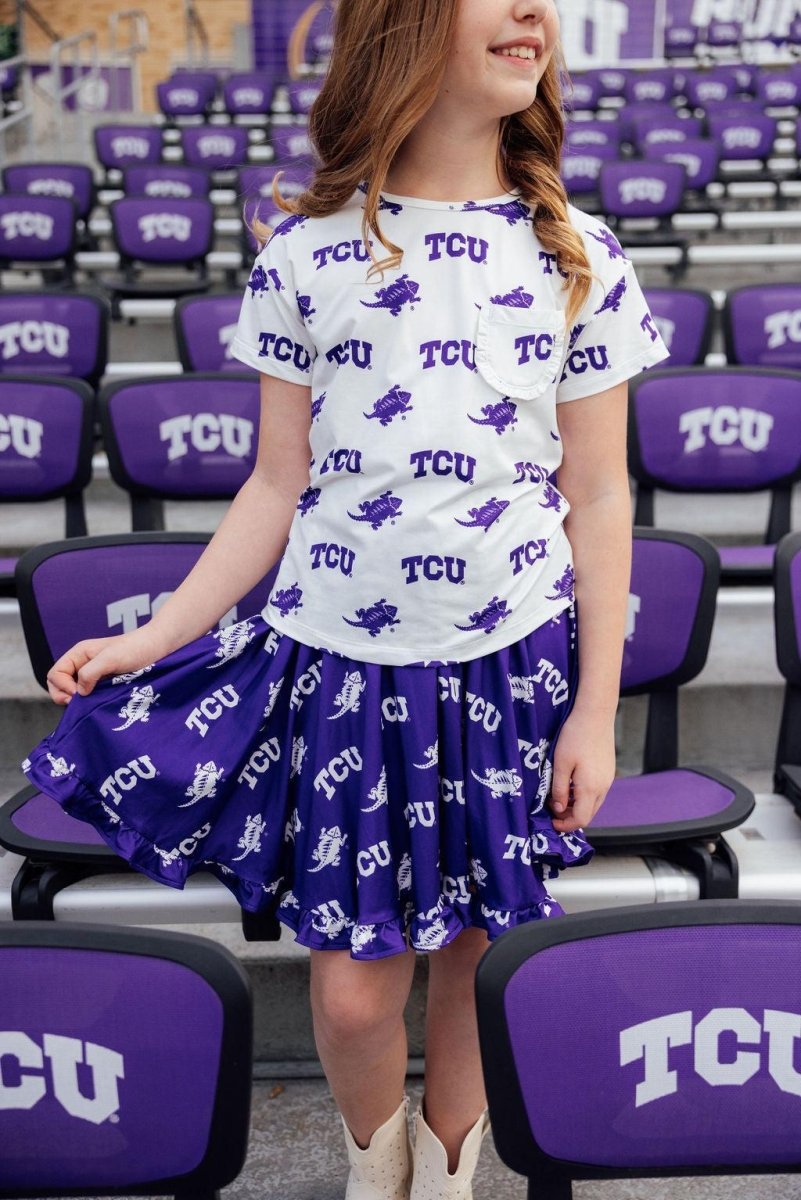 TCU Purple Frog Ruffle Twirl Skort for Girls Mila and Rose - Everetts Place Boutique - 