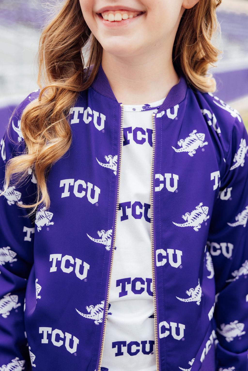 TCU Purple Frog Satin Jacket For Kids By Mila And Rose Mila & Rose ® Everetts Place: Online Boutique