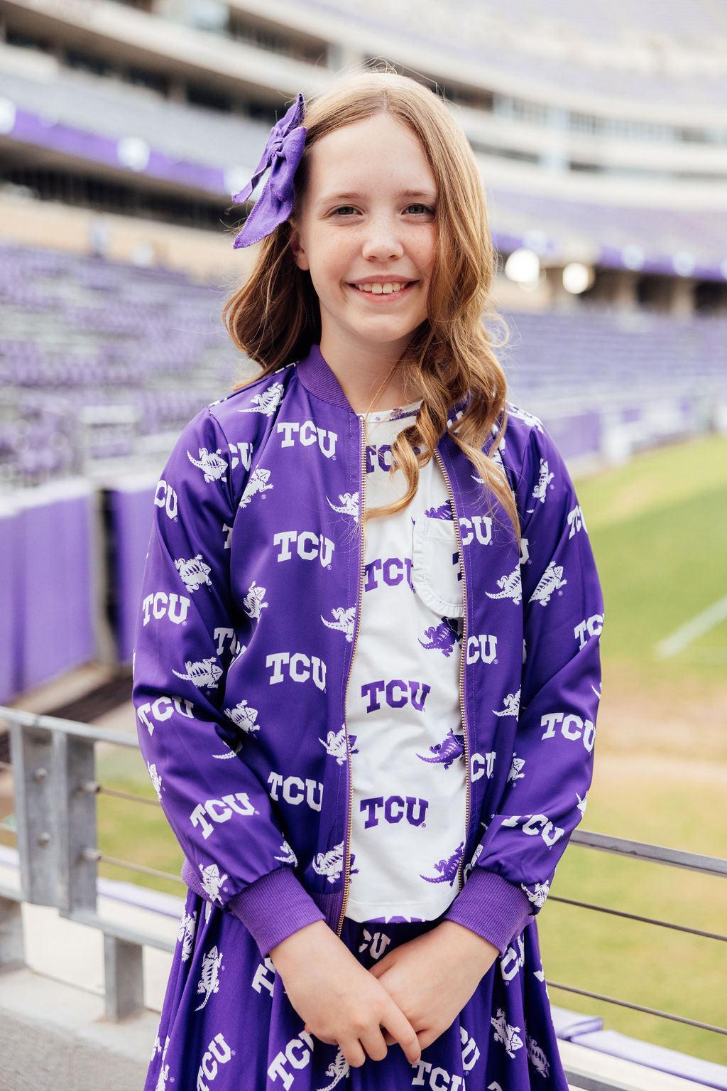 TCU Purple Frog Satin Jacket For Kids By Mila And Rose Mila & Rose ® Everetts Place: Online Boutique