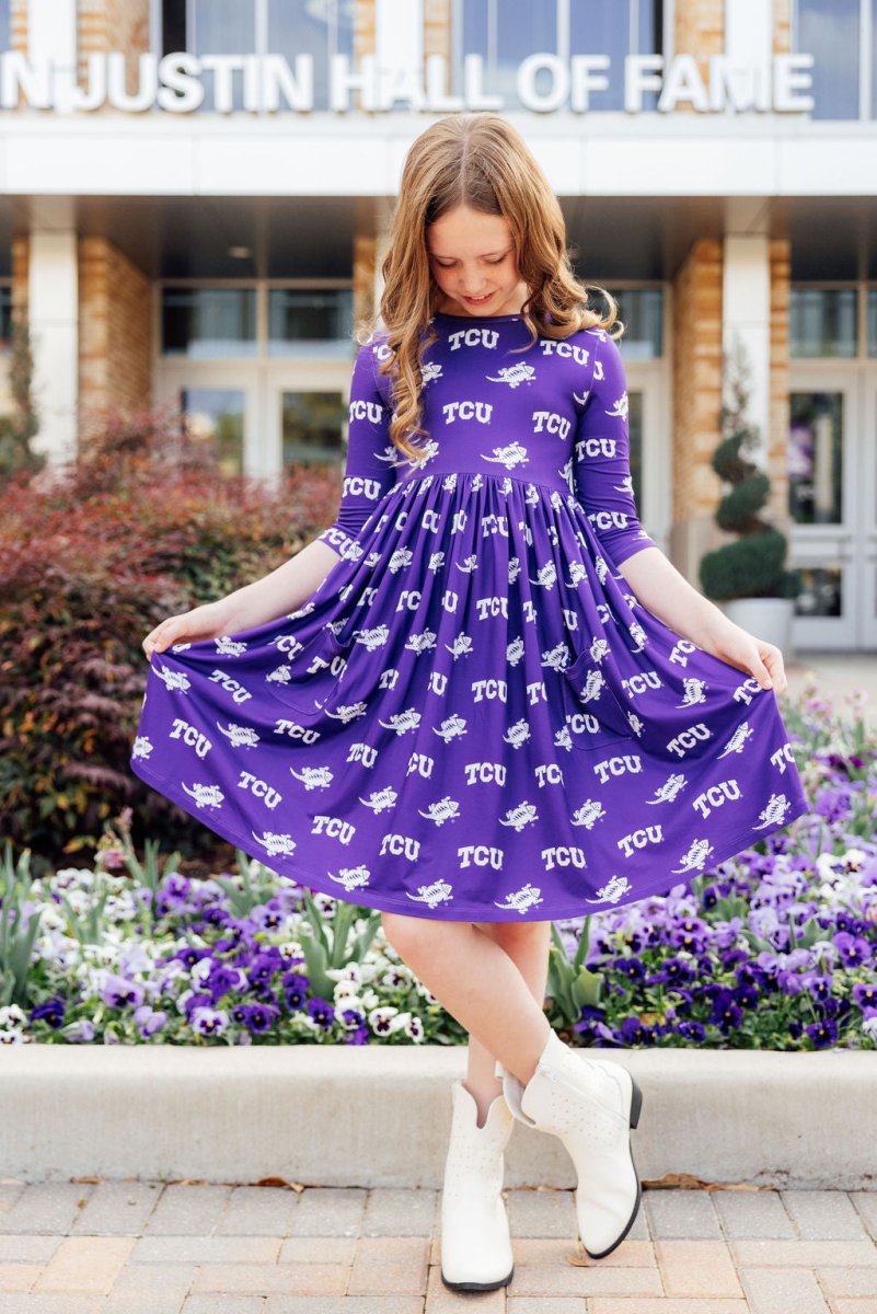 TCU Purple Frog Three Quarter Sleeve Pocket Twirl Dress - Everetts Place Boutique - Twirl Pocket Dress 3/4