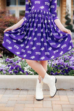 TCU Purple Frog Three Quarter Sleeve Pocket Twirl Dress - Everetts Place Boutique - Twirl Pocket Dress 3/4