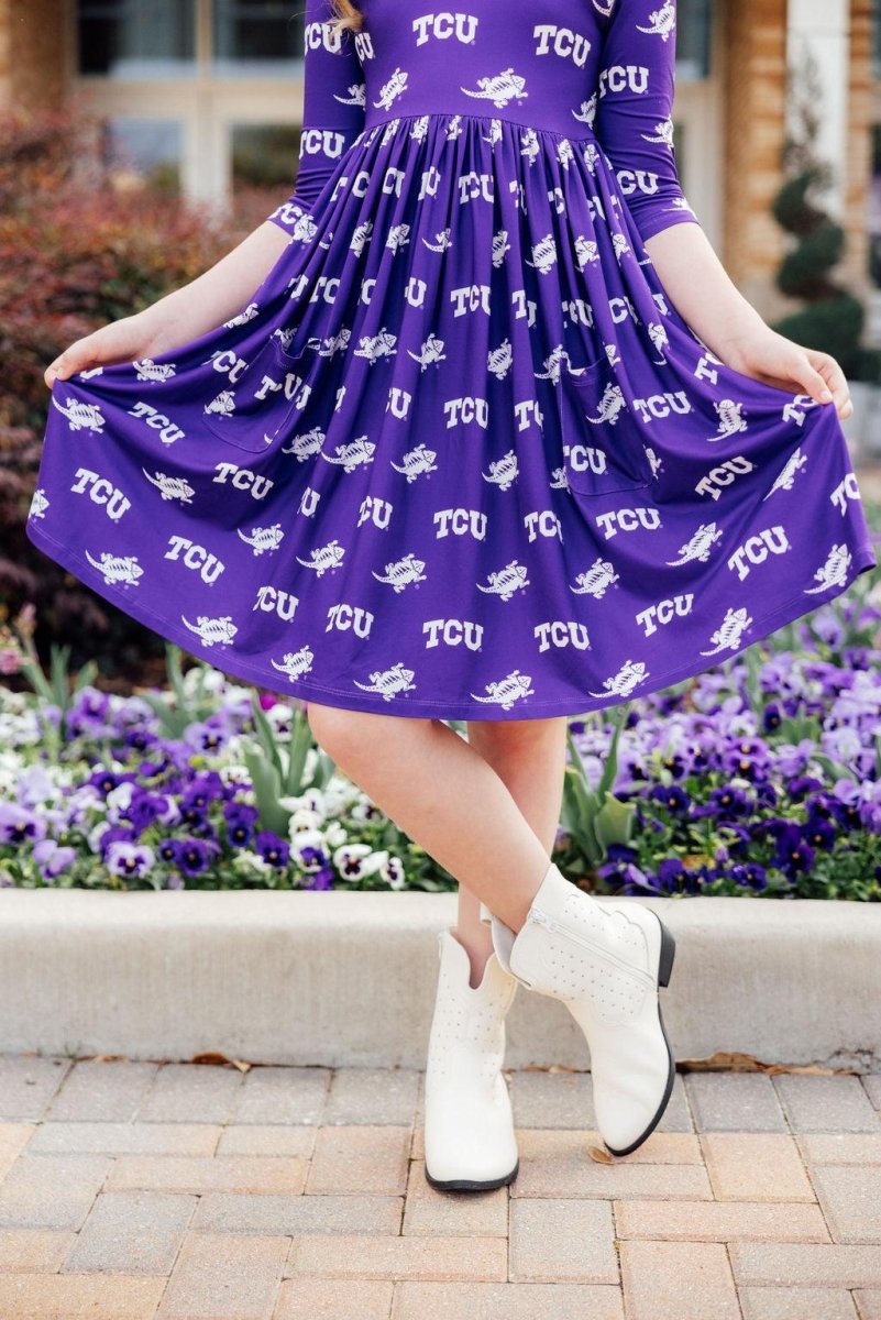 TCU Purple Frog Three Quarter Sleeve Pocket Twirl Dress - Everetts Place Boutique - Twirl Pocket Dress 3/4