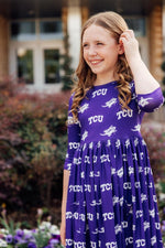 TCU Purple Frog Three Quarter Sleeve Pocket Twirl Dress - Everetts Place Boutique - Twirl Pocket Dress 3/4