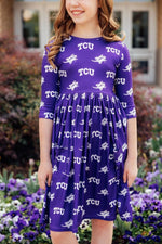 TCU Purple Frog Three Quarter Sleeve Pocket Twirl Dress - Everetts Place Boutique - 