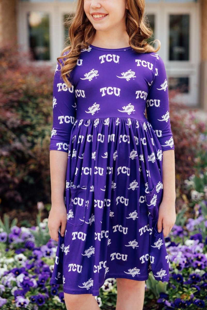 TCU Purple Frog Three Quarter Sleeve Pocket Twirl Dress - Everetts Place Boutique - 